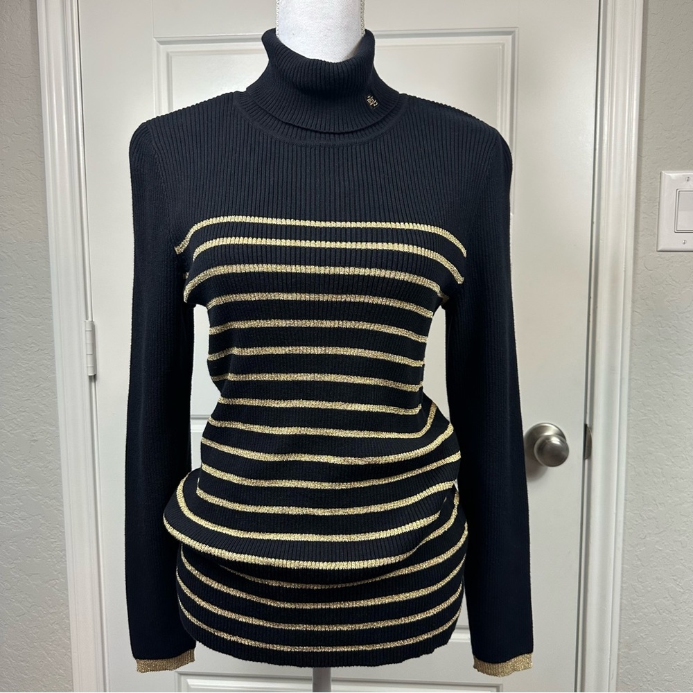 Lauren Ralph Lauren Y2K Gold Metallic Striped Classic Long Sleeve Sweater Large - Picture 2 of 9